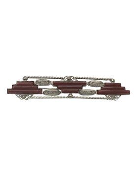 Art Deco Czechoslovakian Red Glass Silver Tone Bar Brooch Geometric 4" Vintage